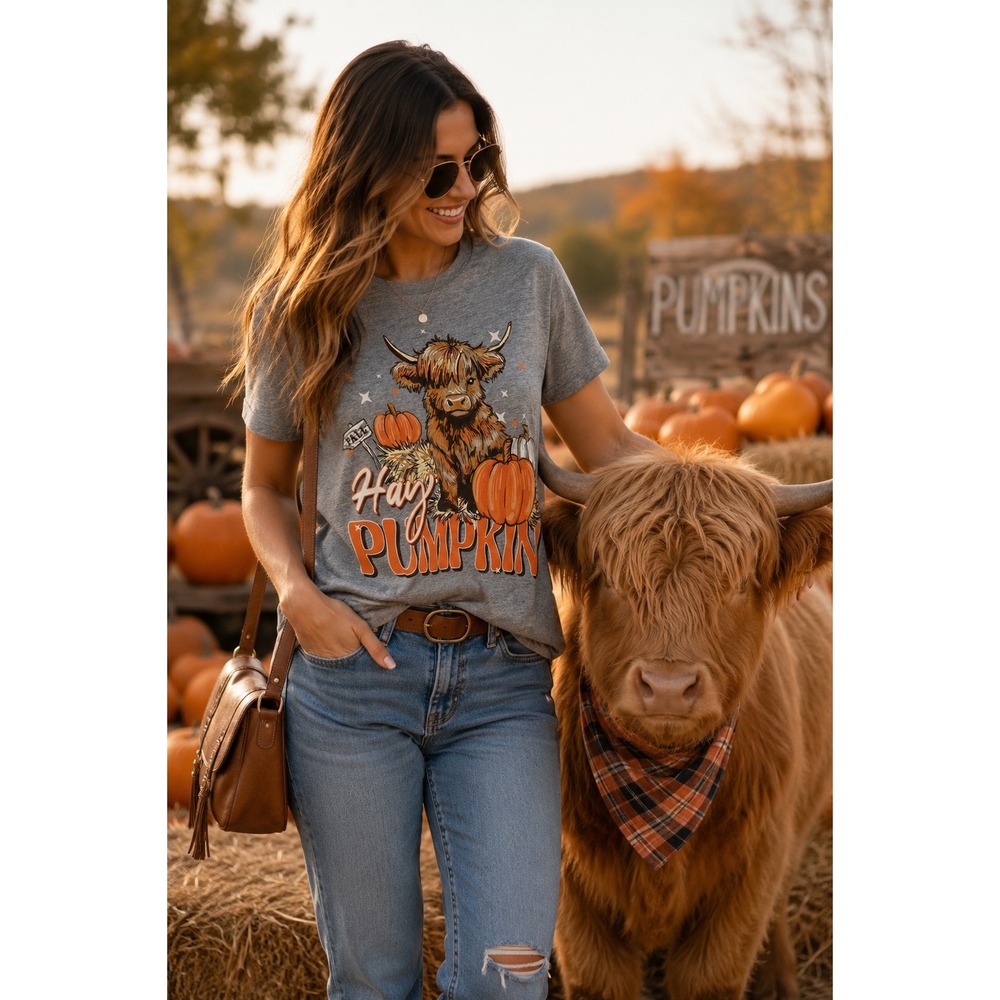 Lulu Mac Hay Pumpkin Highland Cow Graphic Tee XL Gray Fall Halloween Shirt